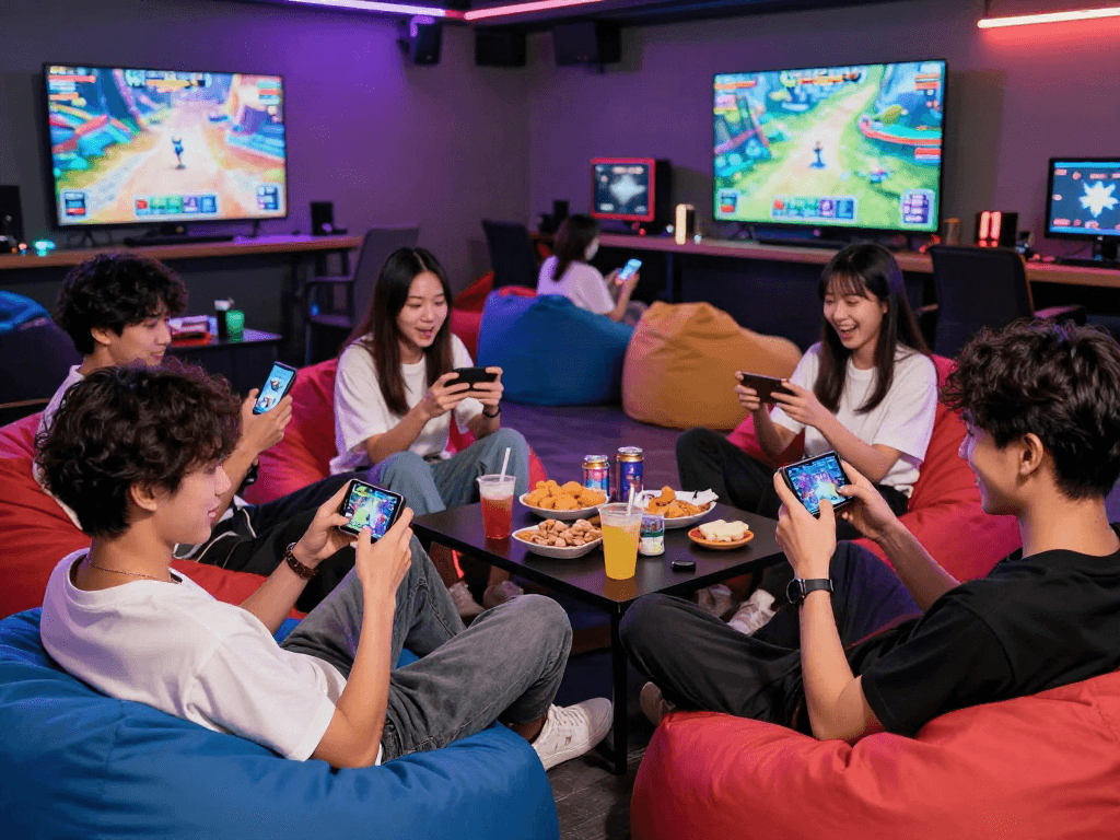 Excited players enjoying mobile porn games in a vibrant gaming lounge.