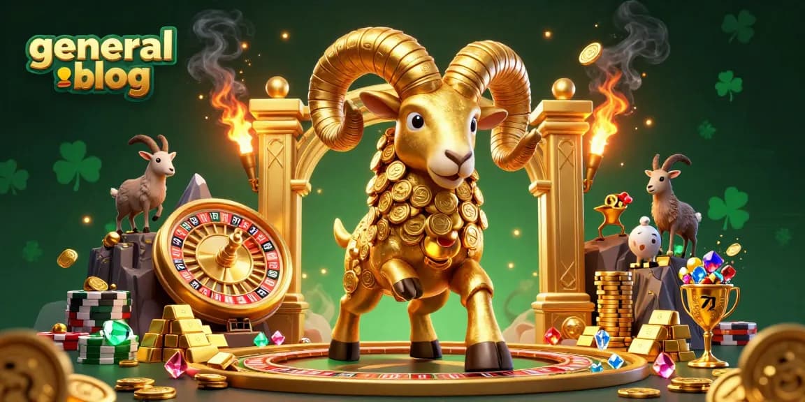 Engage with the vibrant general blog gaming scene featuring a golden ram, roulette wheel, and treasure.