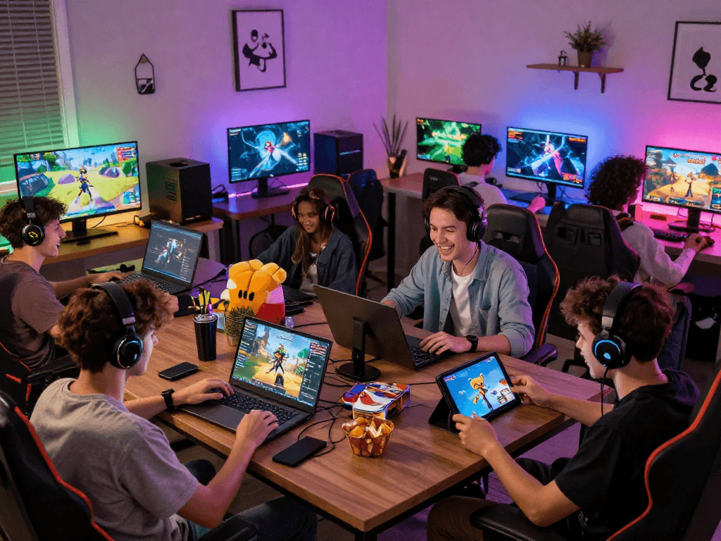Engaged players enjoying porngames in a vibrant gaming lounge with various devices.
