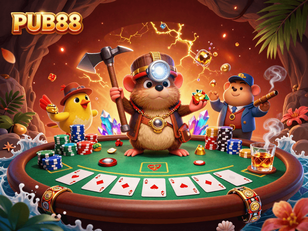 Join the treasure mole in PUB88’s vibrant casino scene filled with poker excitement and golden treasures.