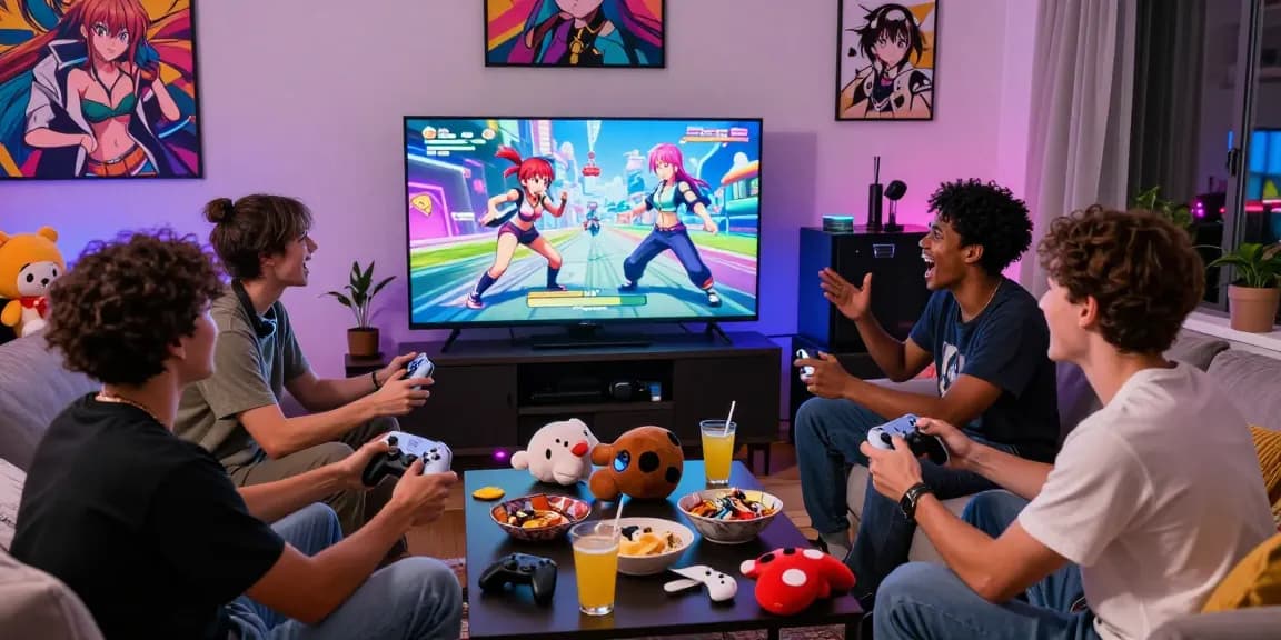 Friends enjoying femboy hentai games on a gaming console in a vibrant living room setup.