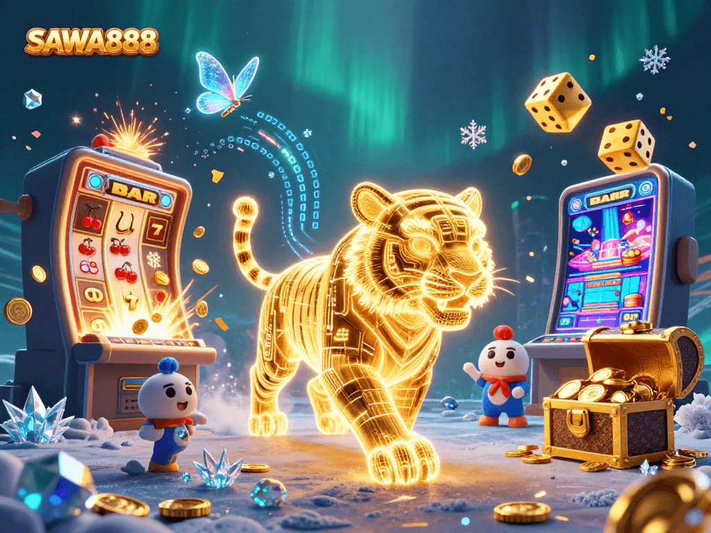 Experience the thrill of winning with SAWA888’s vibrant casino illustration featuring immersive elements.