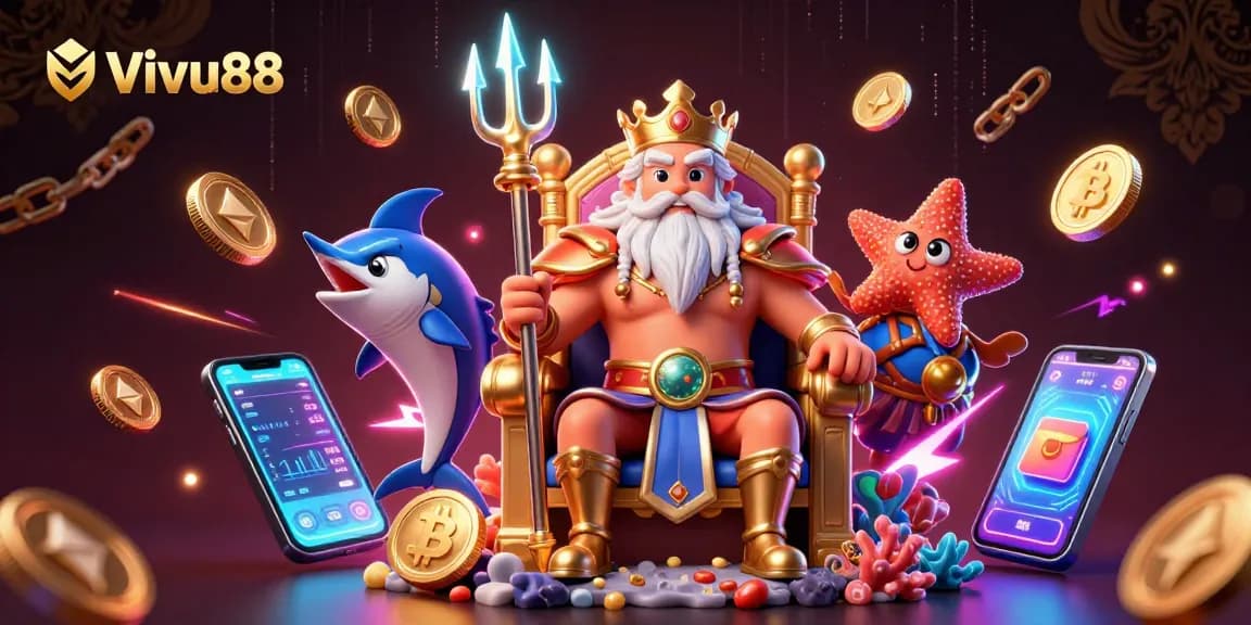 Engage in thrilling gameplay at Vivu88 with dazzling illustrations of Neptune and crypto elements.