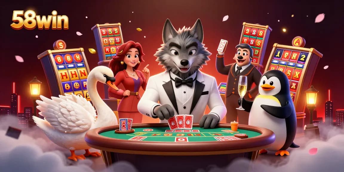 Play exciting slot games at 58win with colorful reels and engaging characters in a vibrant casino scene.