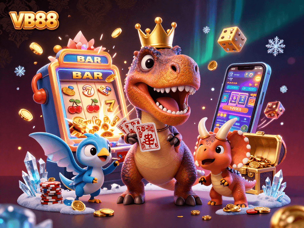 Experience the thrilling world of VB88 as vibrant characters like a T-Rex shuffle cards amidst a jackpot explosion and treasures.