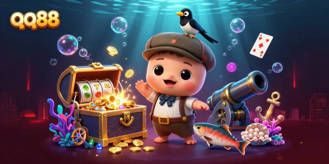 Play and win with qq88's exciting slot games featuring delightful cartoon characters in a vibrant casino scene.