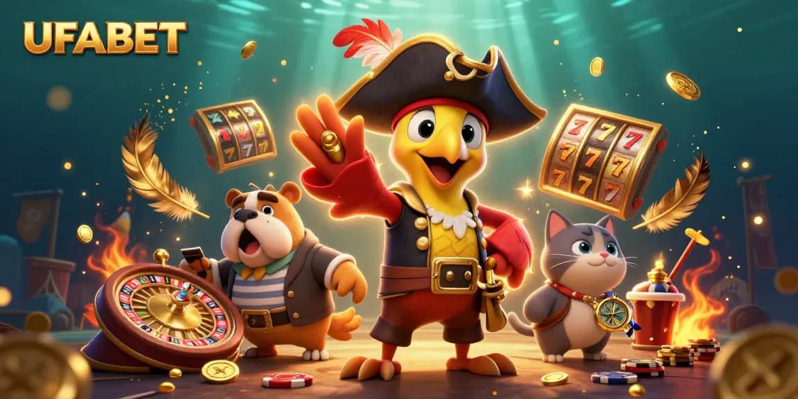 Experience thrilling gambling action with UFABET in a vibrant casino scene featuring unique characters and elements.