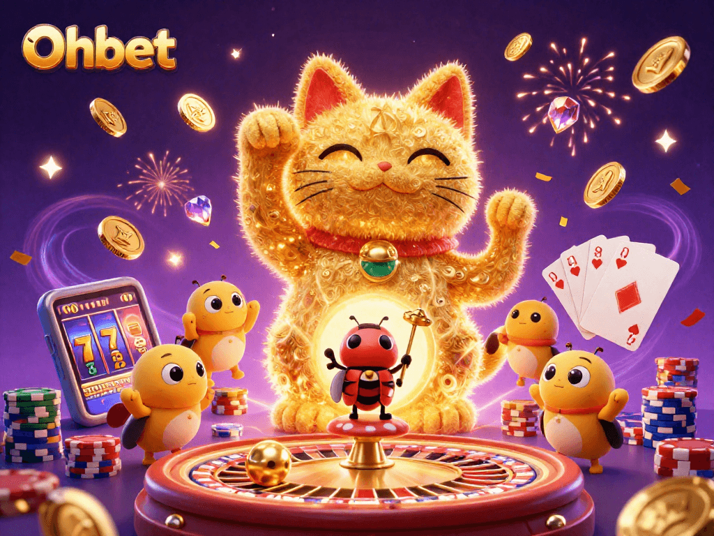 Experience the magic of Oxbet with this vibrant illustration showcasing a lucky cat and casino elements.