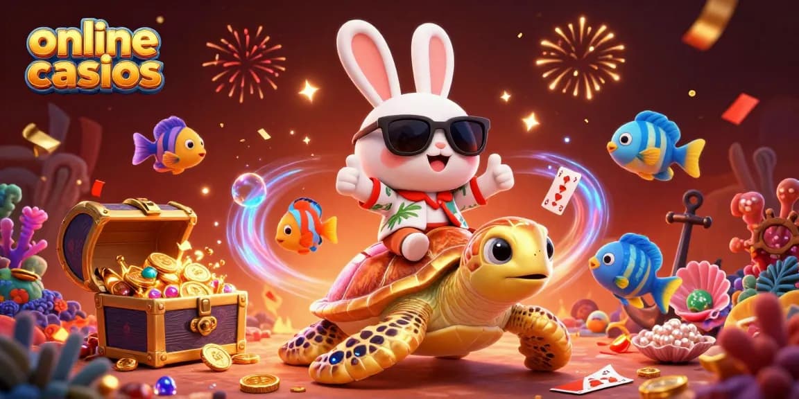 Engaging online casinos scene with a lucky rabbit and golden turtle amidst treasure and festive elements.