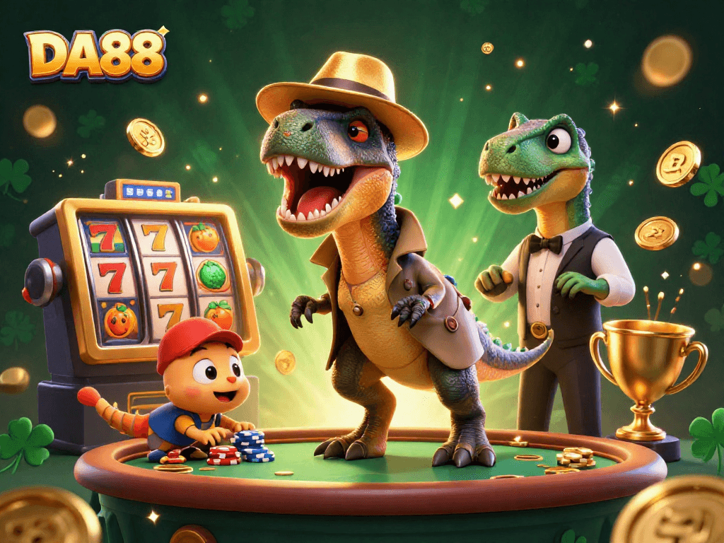 Win big at DA88 casino with a velociraptor card counter and dazzling slot machine action.