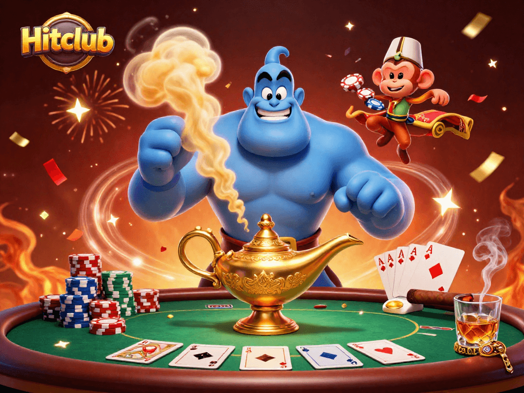 Hitclub players enjoy a vibrant casino scene with a genie, monkey, and poker elements.