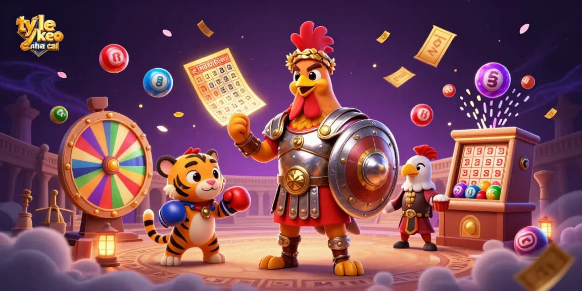 Experience the thrill of ty le keo nha cai with a dynamic illustration of a gladiator rooster in a gamble-filled colosseum.