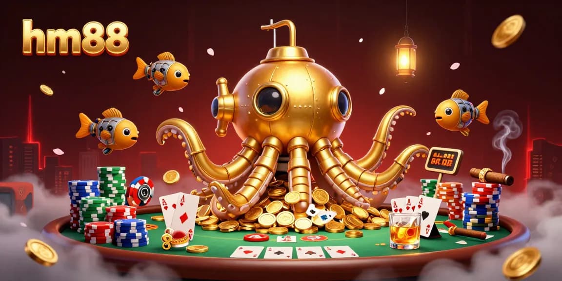 Win big at hm88 with this vibrant 3D kraken submarine illustration depicting poker excitement.