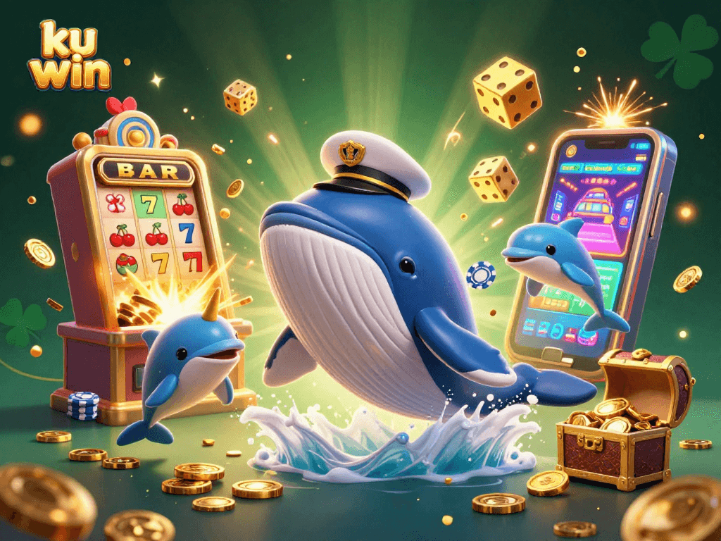 Engage with ku win's thrilling casino experience, featuring a 3D whale and vibrant elements.