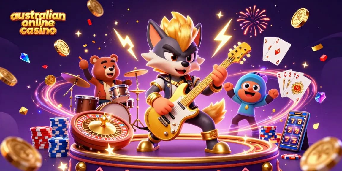 Experience a thrilling performance at an australian online casino with a rock star wolf and drummer bear.
