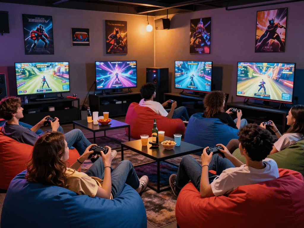 Diverse friends enjoying an adult game in a vibrant gaming lounge, intense action on screen, inviting atmosphere.
