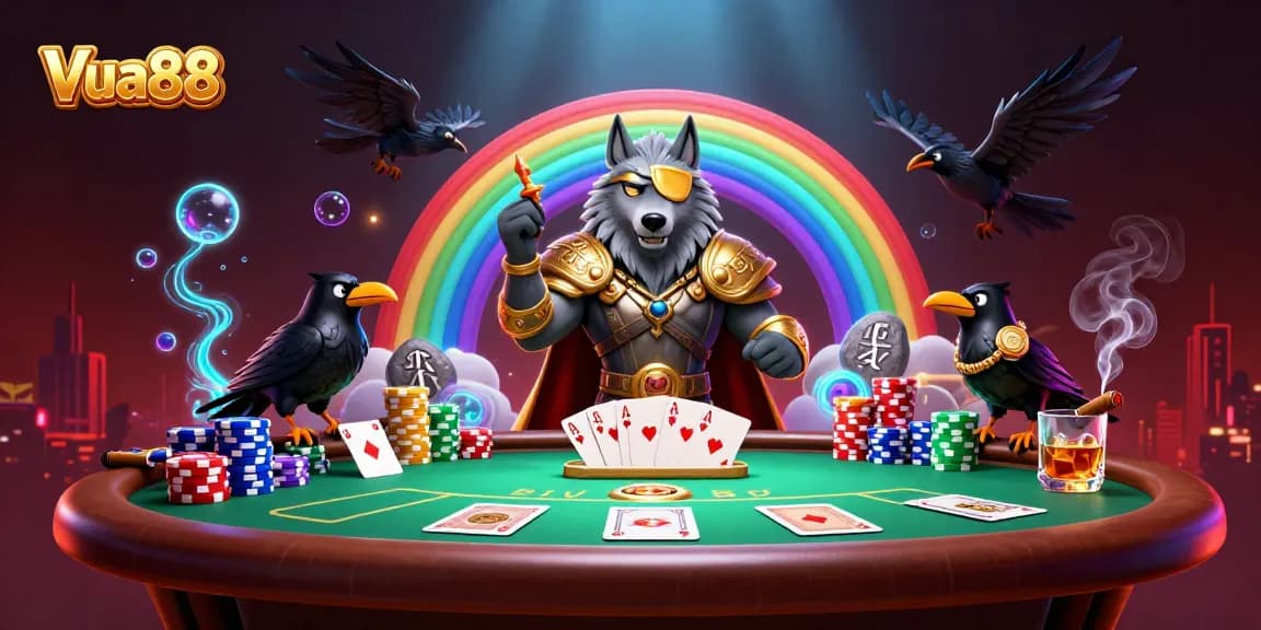 Win big at Vua88 with this vibrant casino scene featuring Odin and ravens.