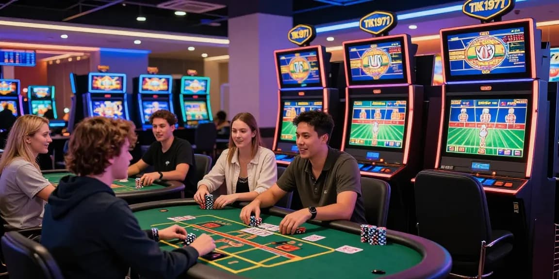Players enjoying immersive gaming at TK1971 online casino platform with vibrant neon lights.
