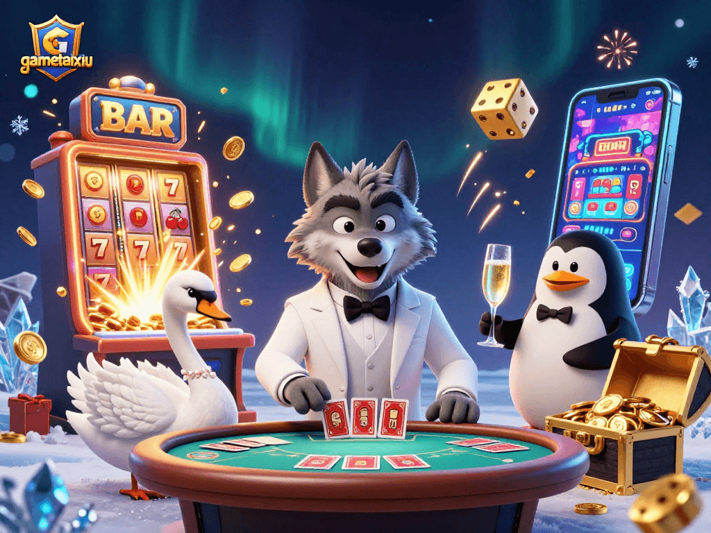 gametaixiu showcases an engaging casino scene with vibrant characters, celebrating jackpot excitement.