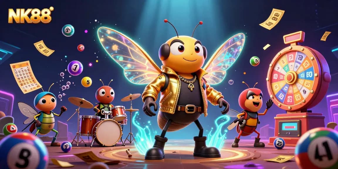 Experience thrilling casino moments with NK88 in vibrant animated scene featuring lottery elements.
