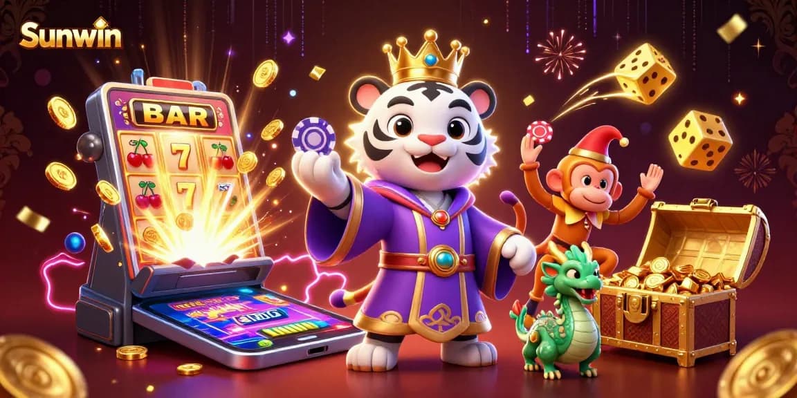Experience the excitement of Sunwin with a lively casino scene featuring characters amidst jackpot thrills and multiple gaming elements.
