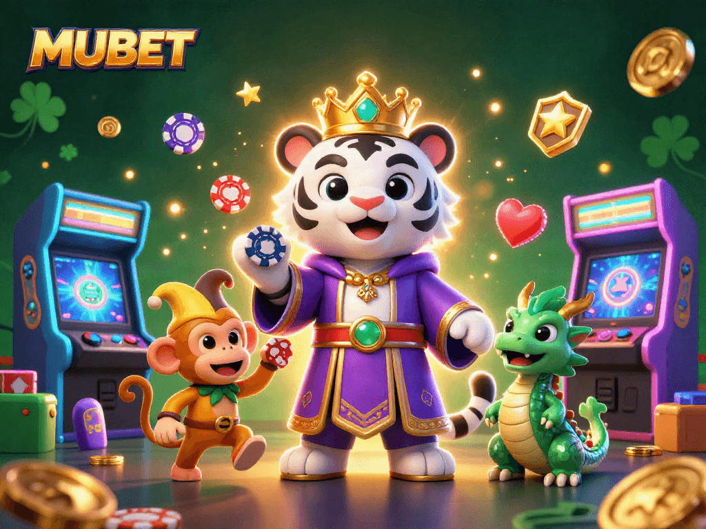 MUBET celebrates casino thrills with a playful scene featuring a tiger, monkey, and dragon.