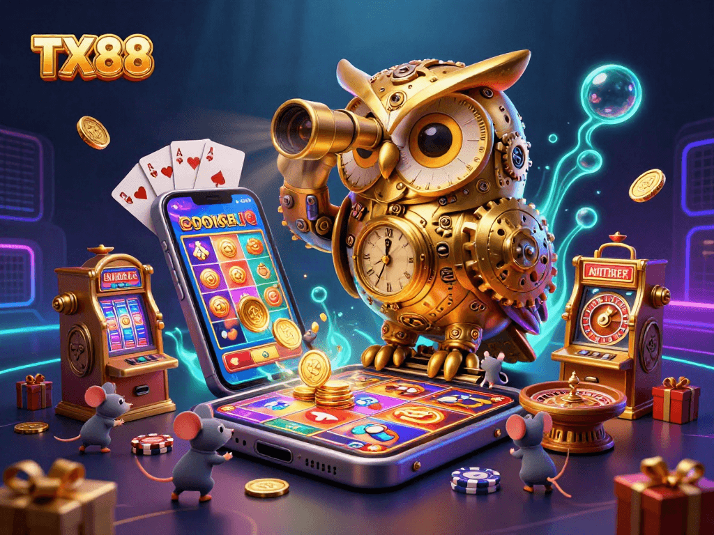Experience thrilling gameplay with TX88's slot machines and surprises in a vibrant casino scene.