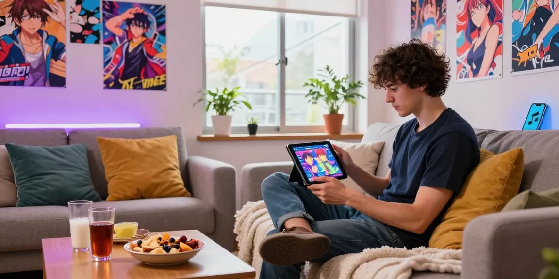 Person playing hentai ganes in a cozy gaming setup with snacks and anime decor.