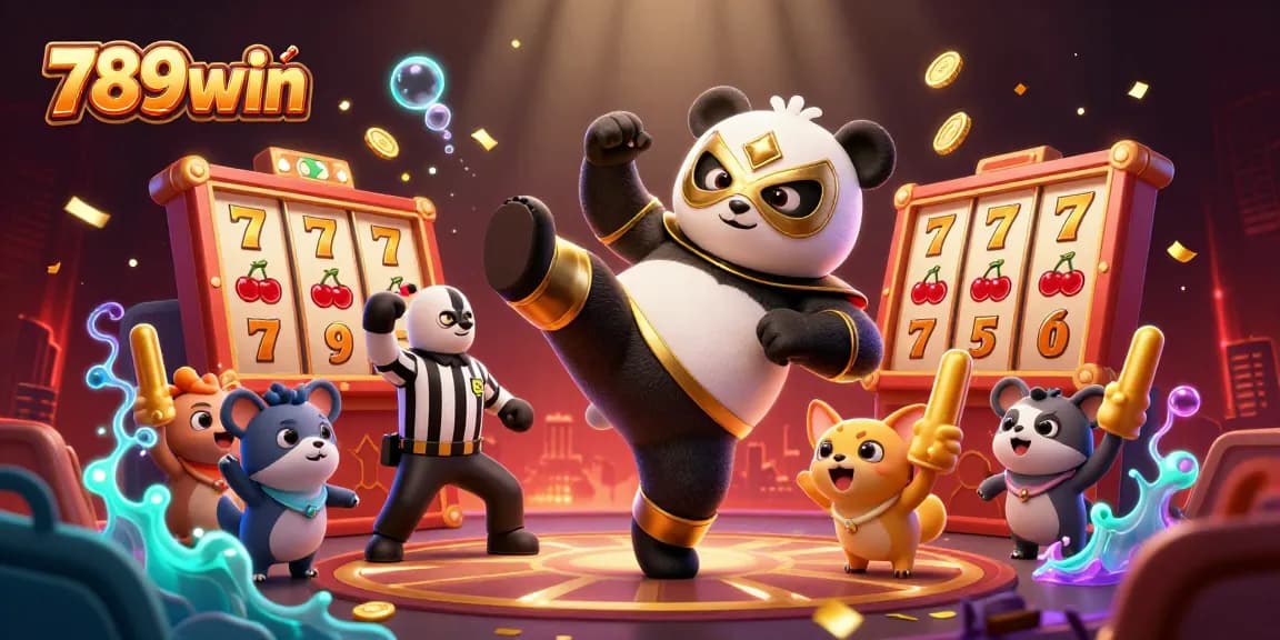 Experience excitement with 789win as a panda wrestler kicks in a vibrant casino scene.