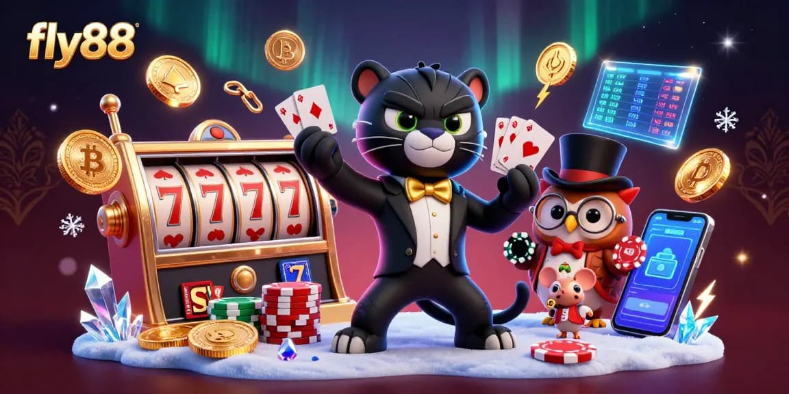 Fly88 engages players with an exciting card-dealing scene featuring a stylish panther and friends in a dynamic casino setting.
