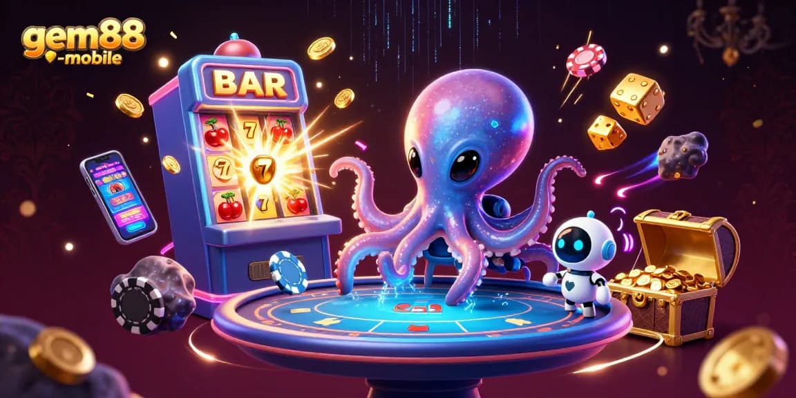Engage in high-stakes adventures with gem88-mobile as a cartoon octopus plays poker in space.
