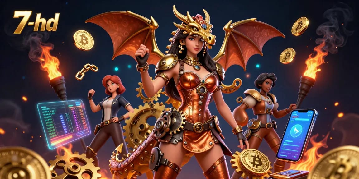 Engage with 7-hd's captivating casino experience, featuring a dynamic scene filled with stunning characters, coins, and game elements.