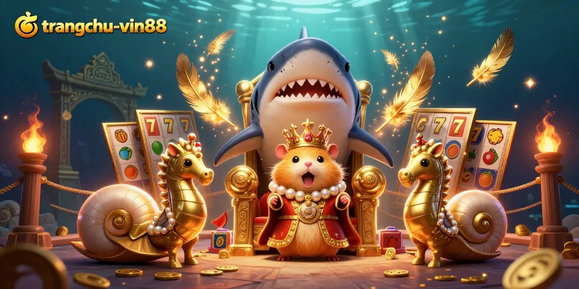 Engage with the vibrant scene of trangchu-vin88, showcasing a golden hamster king amidst slot game elements, ready for action.