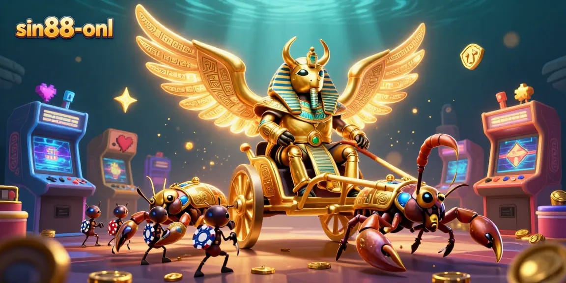 Engage with sin88-onl's enchanting casino world, featuring a golden scarab and vibrant game elements.