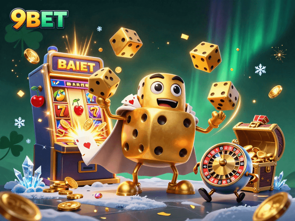 9BET showcases dynamic gameplay with golden dice and a jackpot explosion in this vibrant 3D illustration.