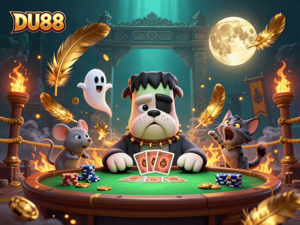 DU88 showcases a cartoon-style casino scene with playful characters dealing cards.