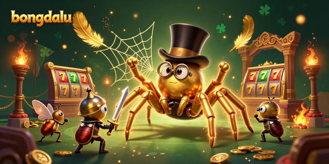 Bongdalu showcases a brave beetle knight and a golden tarantula in a vibrant casino setting, emphasizing winning strategies.