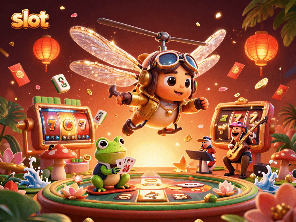 Engage with thrilling slot games at our lively lily pad casino featuring dynamic 3D characters and festive decorations.