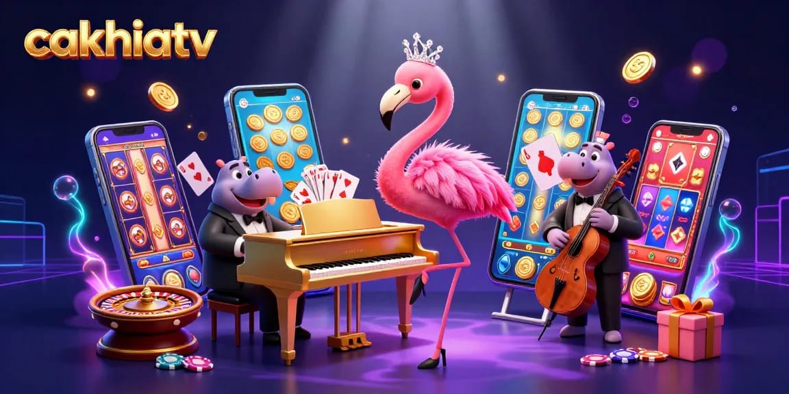 Experience vibrant action with cakhiatv's lively casino scene filled with slot games, characters, and rich colors.
