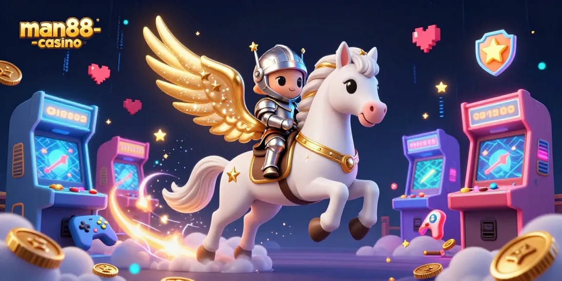 Gamble and win with man88-casino, featuring a celestial scene of arcade excitement and casino elements.