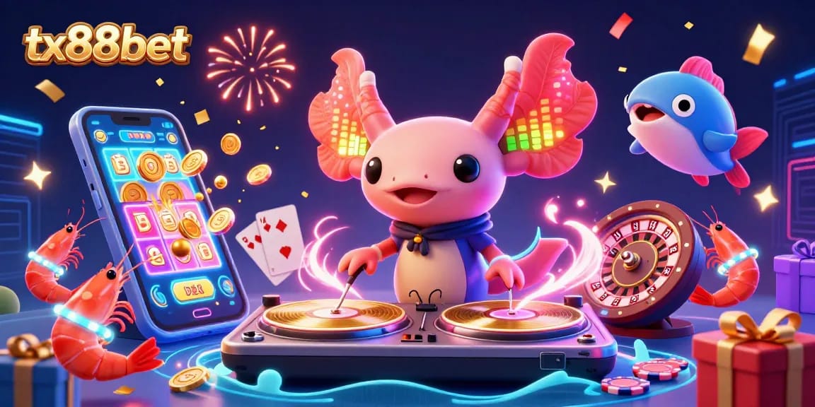 Engage with tx88bet's vibrant casino world featuring spinning reels, lively characters, and a neon atmosphere.