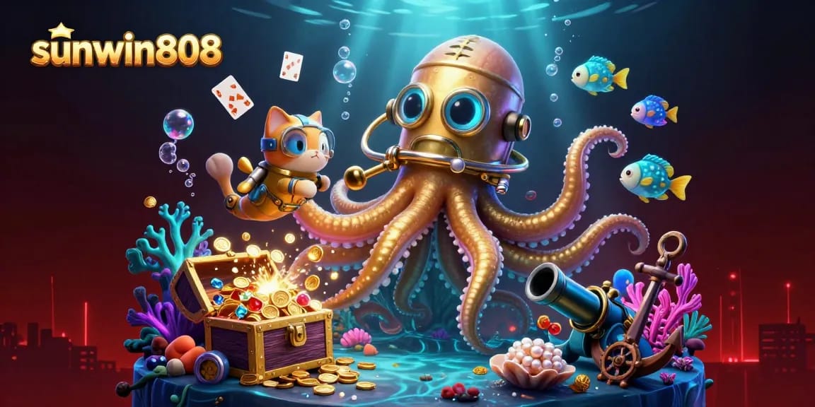Experience the underwater thrill with sunwin808 as the kraken and diving cat chase treasure, featuring vibrant casino visuals.