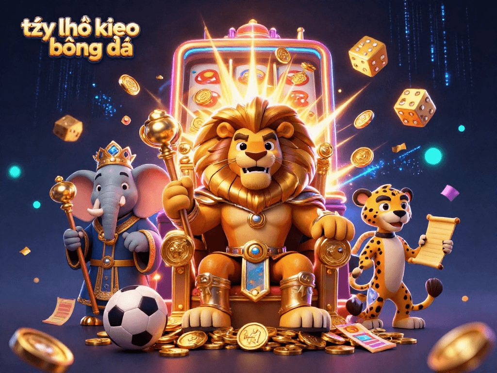 Visualize tỷ lệ kèo bóng đá with a lion king on a gold throne, sports betting elements, and vibrant casino symbols.