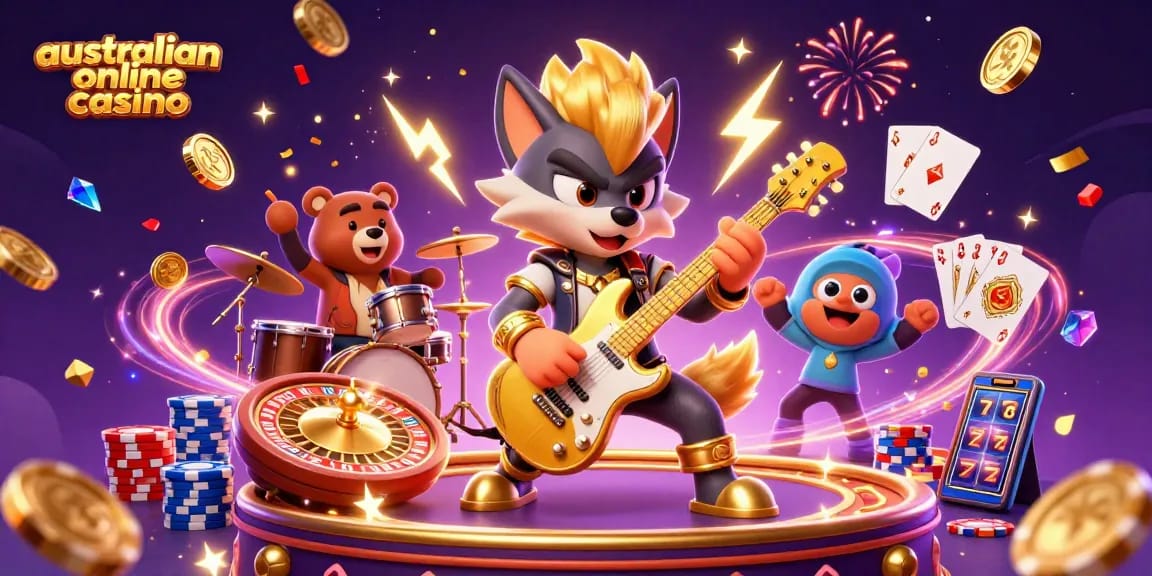 Experience a thrilling performance at an australian online casino with a rock star wolf and drummer bear.