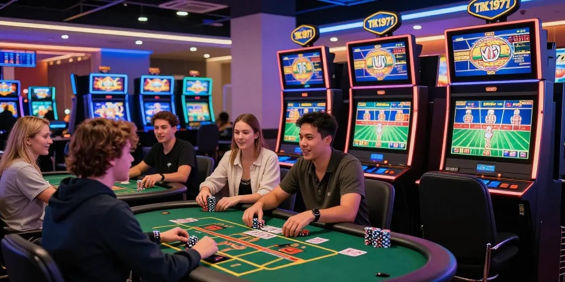Players enjoying immersive gaming at TK1971 online casino platform with vibrant neon lights.