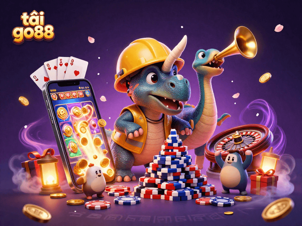 Tải go88 with cartoon triceratops building poker chip pyramid surrounded by casino elements.