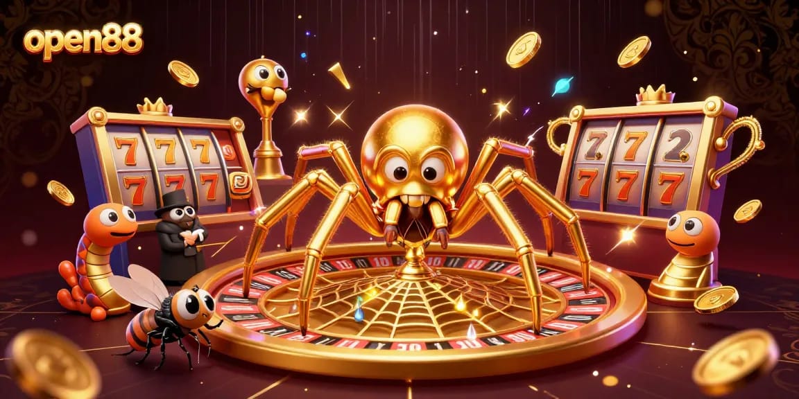 Experience open88's thrilling slots with a golden spider spinning a roulette wheel web, capturing gambling action.