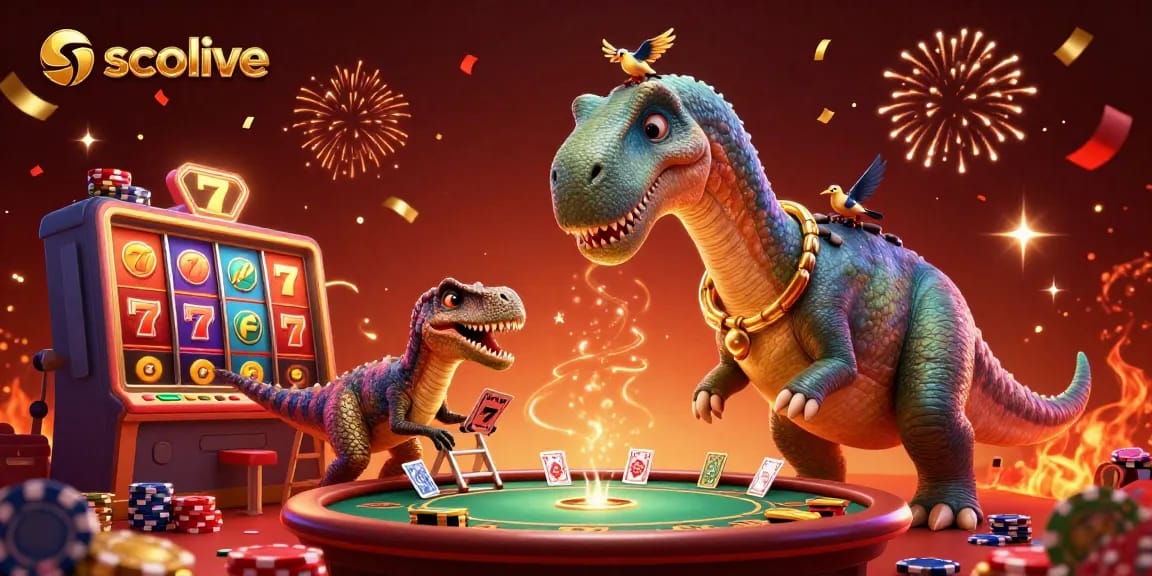 Socolive offers an engaging casino experience with vibrant scenes including a towering dinosaur in a dynamic gaming setting.
