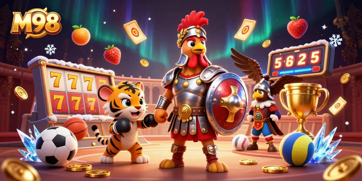 M98 promotes winning slots action with a gladiator rooster, tiger cub, and sports elements.