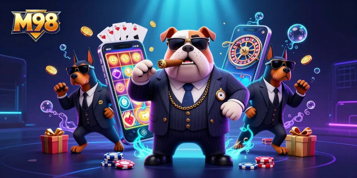 Spin and win with M98 as a mafia boss bulldog and his Doberman bodyguards surround slot games and poker elements.